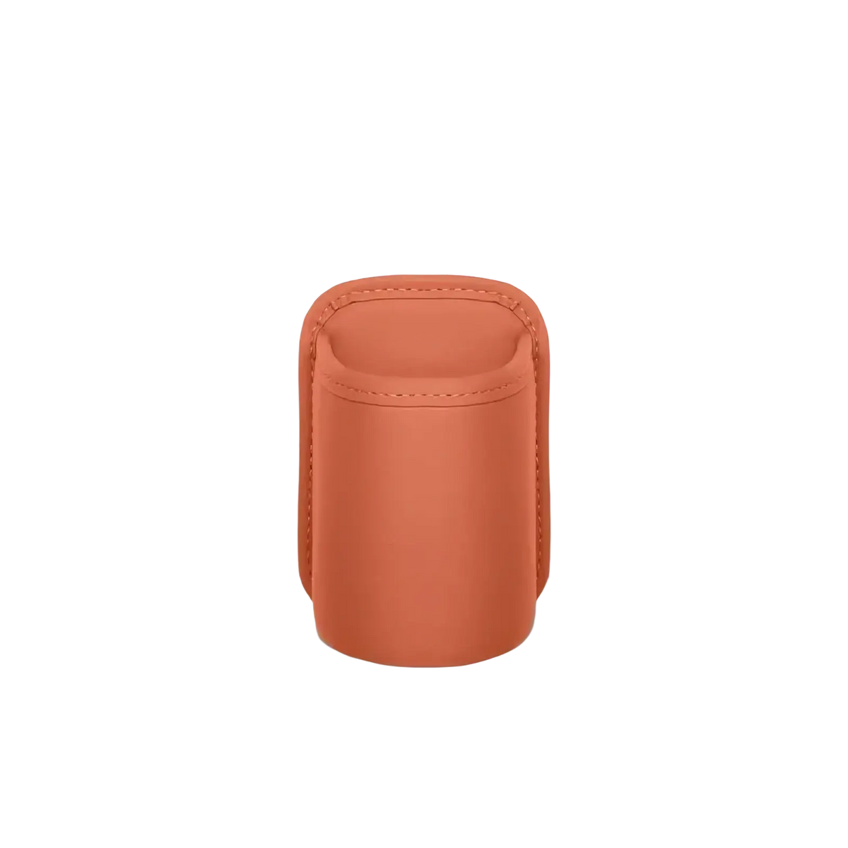 Leather car seat organizer and cup holder in terracotta soft leather with neat stitching along the edges