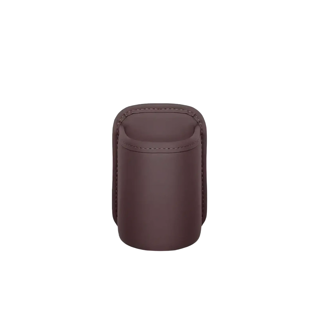 Mocha brown leather car seat organizer and cup holder with stitched edges for vehicle interior use