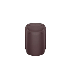 Mocha brown leather car seat organizer and cup holder with stitched edges for vehicle interior use