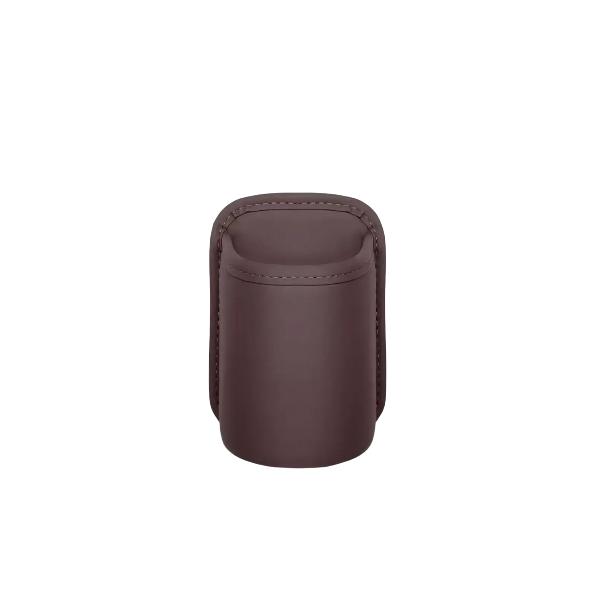 Mocha brown leather car seat organizer and cup holder with stitched edges for vehicle interior use