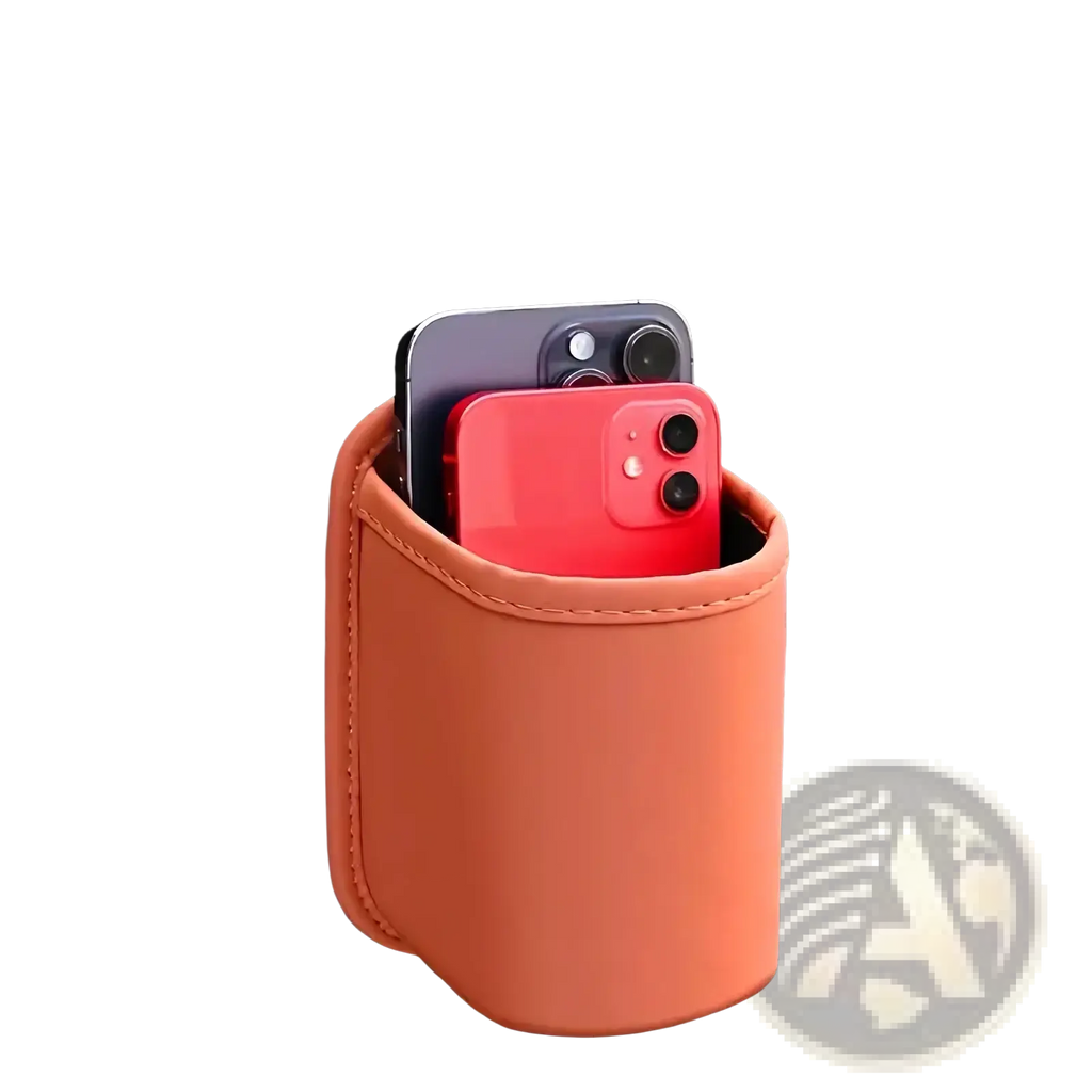 Orange leather car seat organizer and cup holder with phone storage compartment for vehicle interior organization