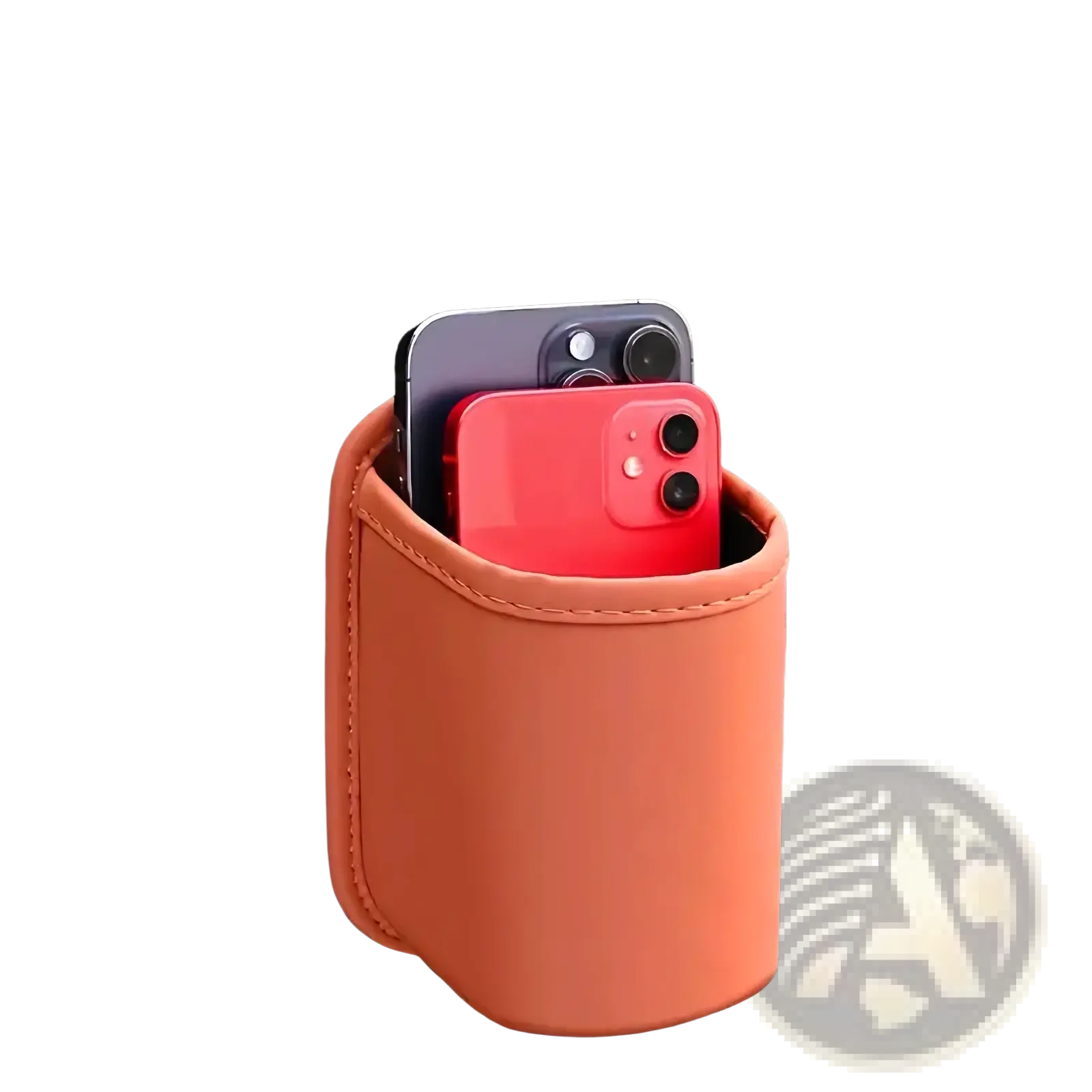 Orange leather car seat organizer and cup holder with phone storage compartment for vehicle interior organization