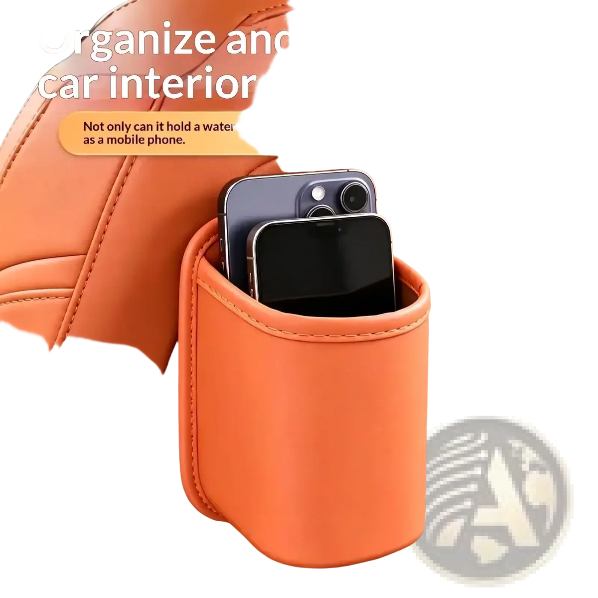Orange leather car seat organizer and cup holder with small pocket for phones and water cups for vehicle use