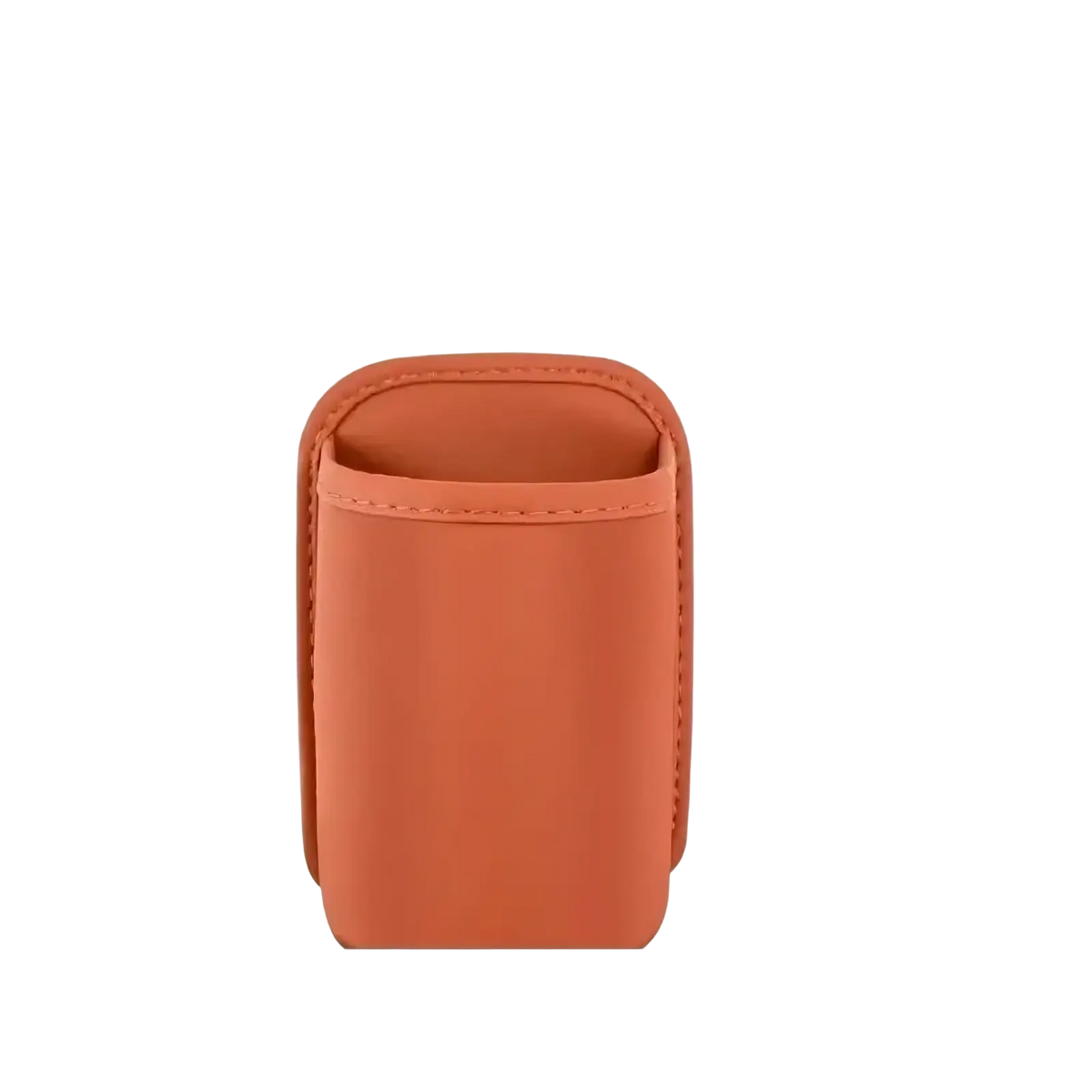Orange leather car seat organizer and cup holder with stitched edges and 16cm height for phone storage
