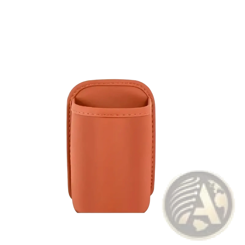 Orange leather car seat organizer and cup holder with stitched edges and 16cm height for phone storage
