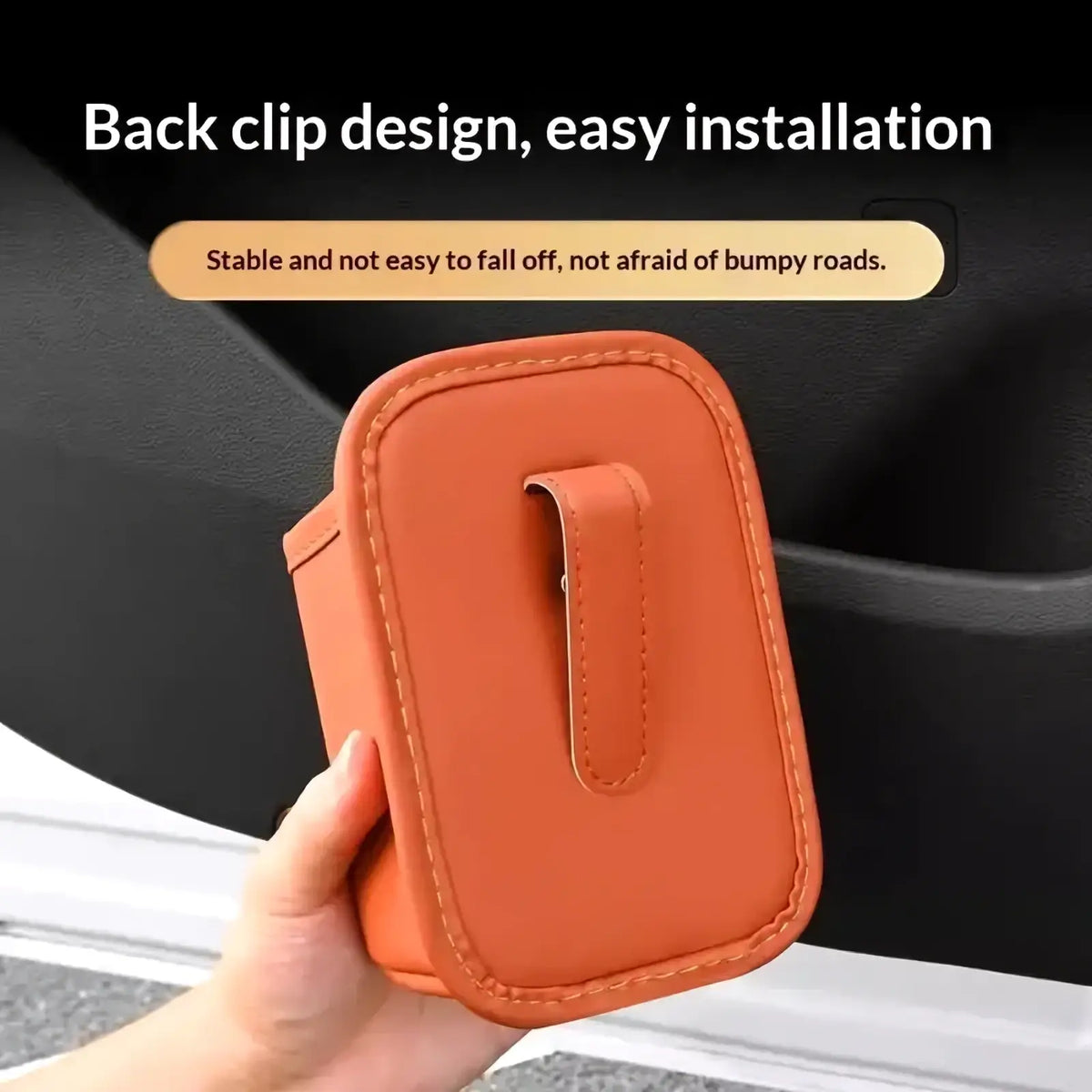 Leather car seat organizer and cup holder featuring an orange rectangular car trash bin with back clip and stitched edges