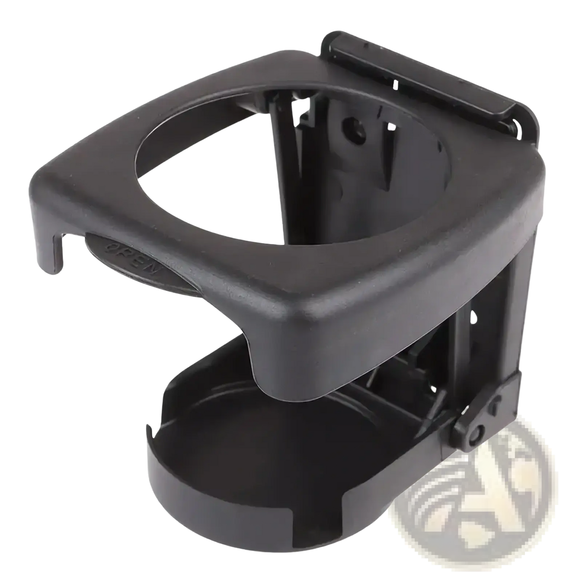 Black plastic foldable cup holder with open label designed for leather car seat organizer and cup holder accessory