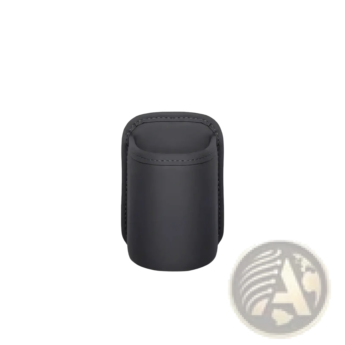 Black leather car seat organizer and cup holder with stitched edges and sleek cylindrical design for premium cars
