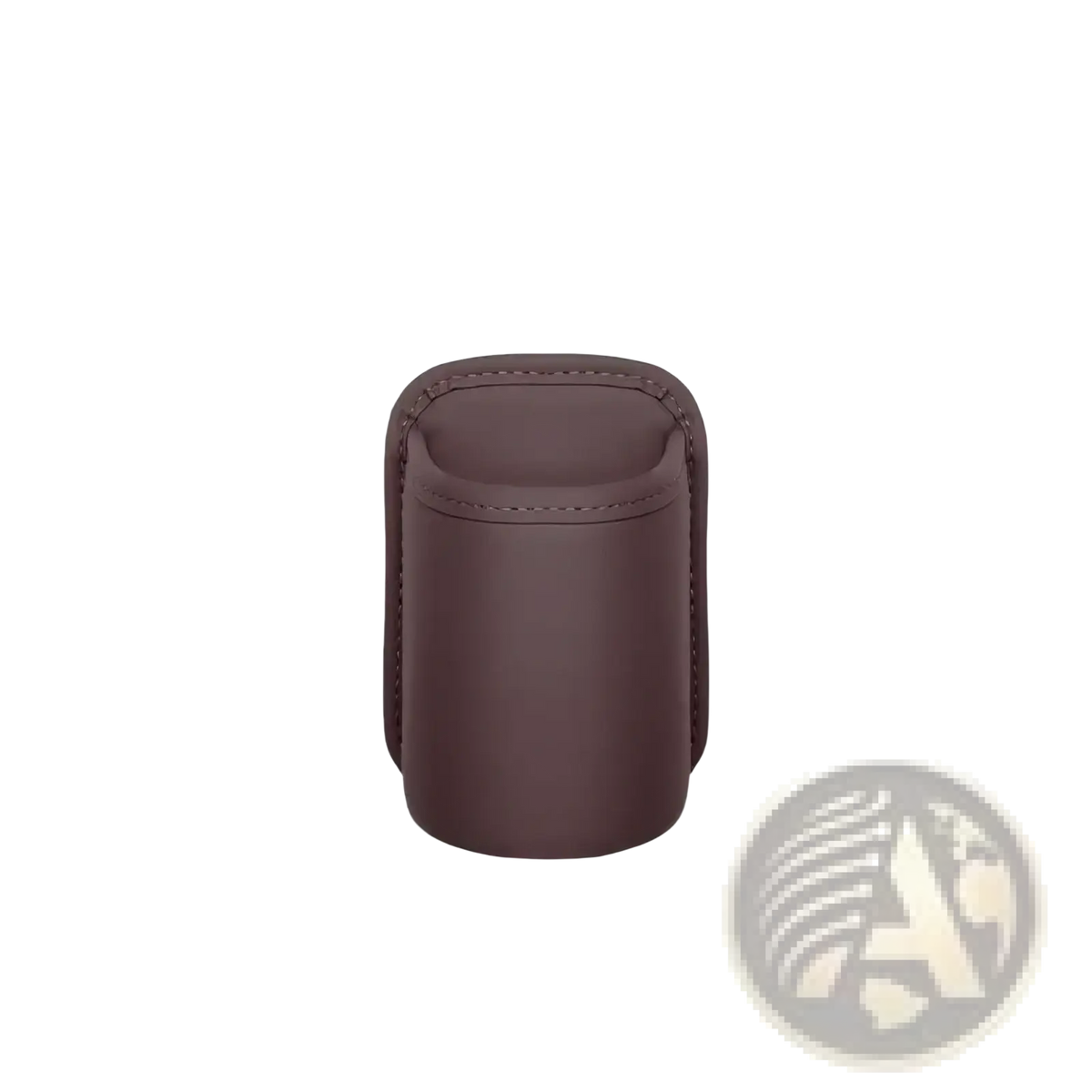 Mocha brown leather car seat organizer and cup holder with stitched edges for vehicle interior use