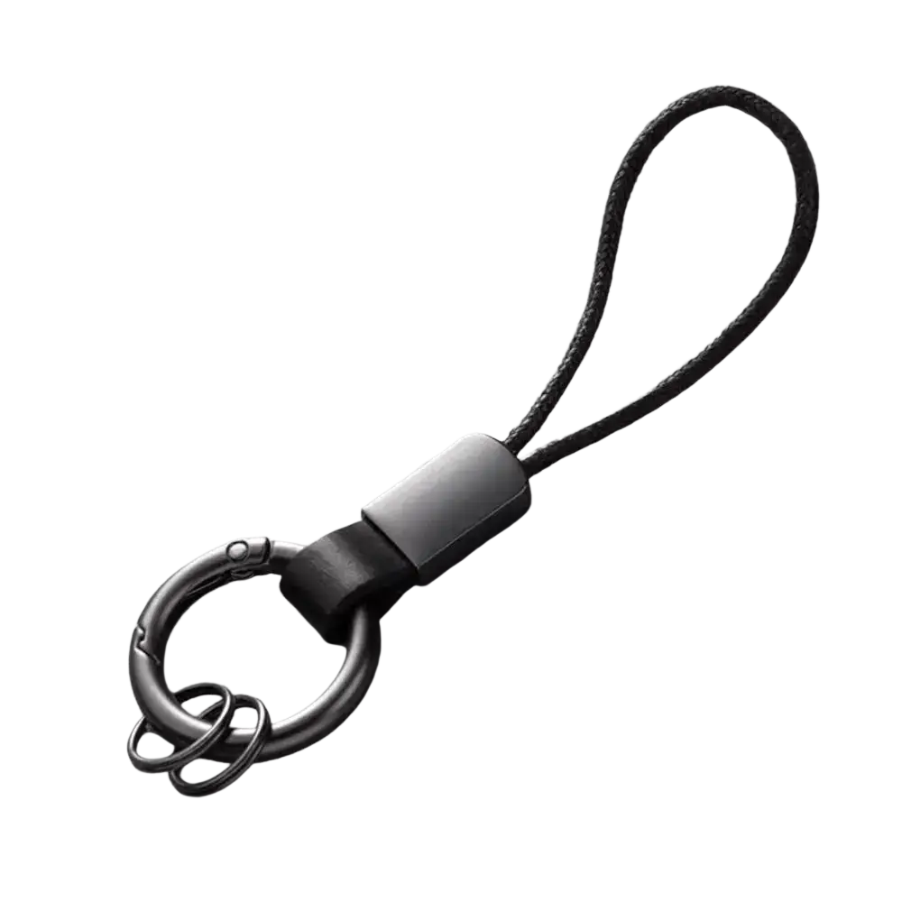 Black cord leather carabiner keychain with matte metal ring and sleek rectangular multifunctional connector