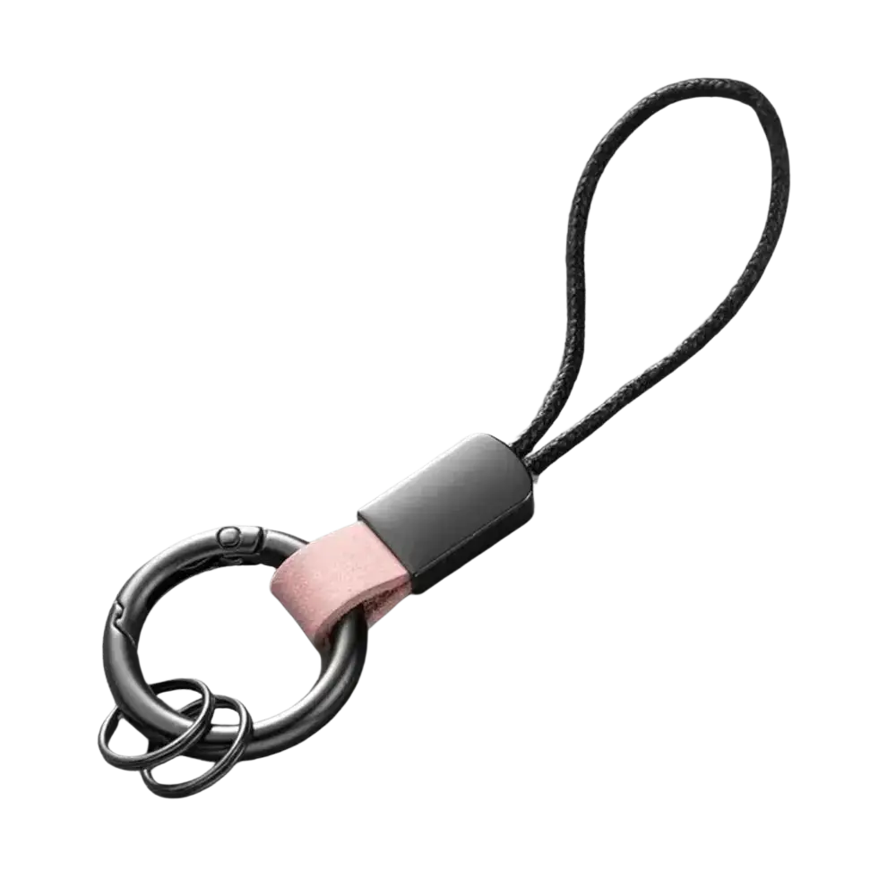 Black metal leather carabiner keychain with matte finish pink leather strap and black cord loop multifunctional holder