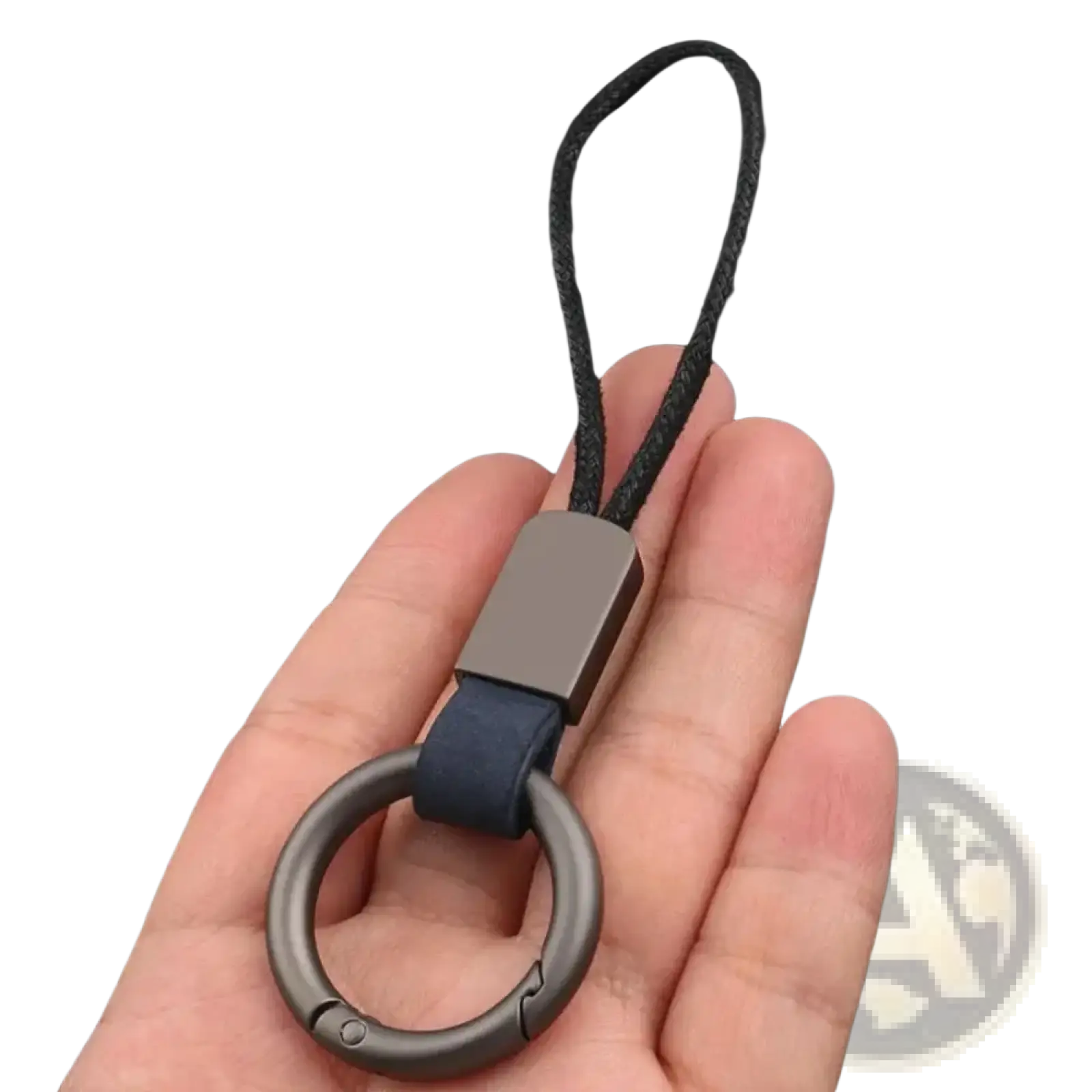 Dark gray metal leather carabiner keychain with navy blue leather strap and black braided cord multifunctional holder