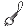 Gray metal carabiner keychain with braided cord and leather strap for multifunctional key holding