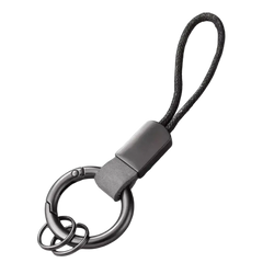 Gray metal carabiner keychain with braided cord and leather strap for multifunctional key holding