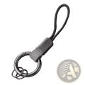 Gray metal carabiner keychain with braided cord and leather strap for multifunctional key holding