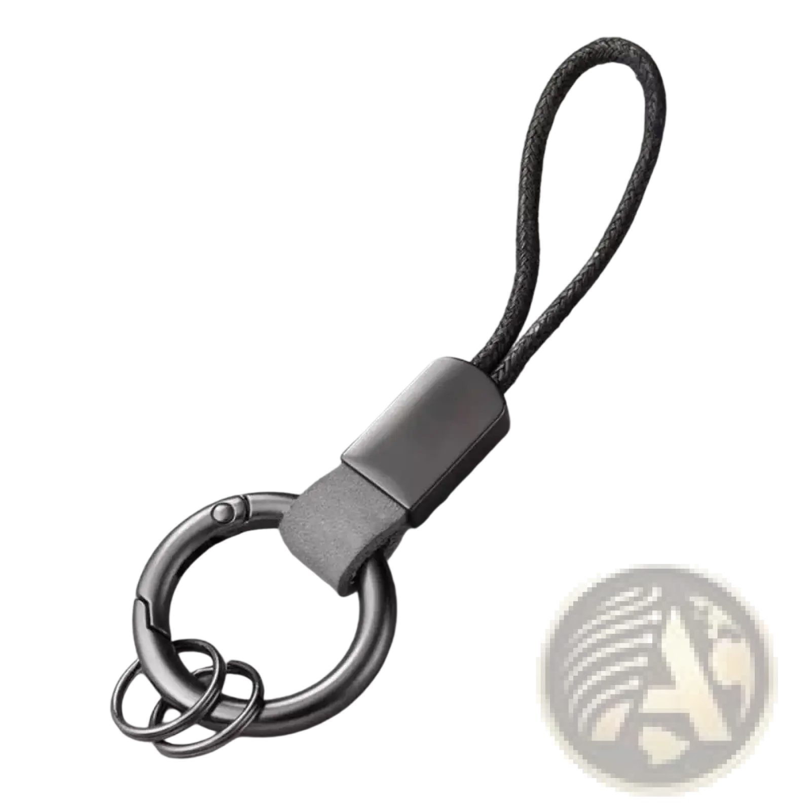 Gray metal carabiner keychain with braided cord and leather strap for multifunctional key holding