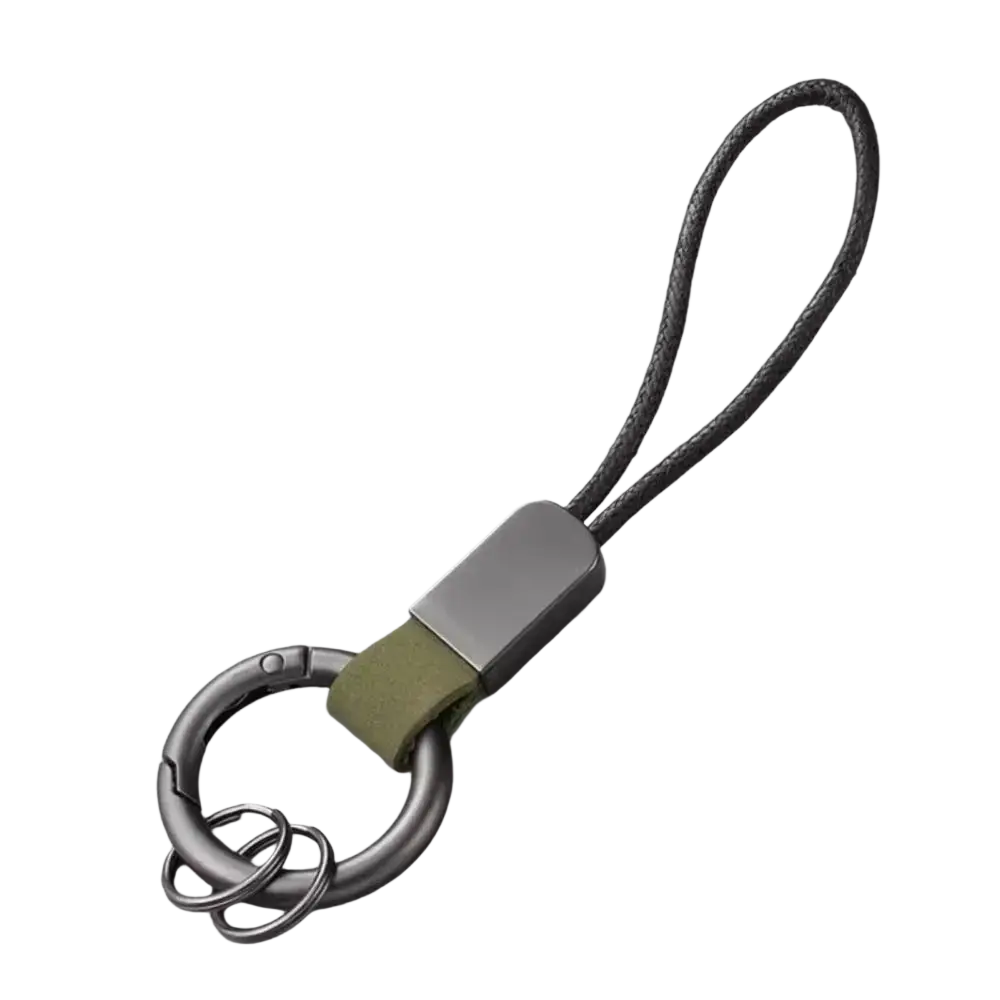 Leather carabiner keychain with silver-toned metal ring, matte rectangular connector, olive green leather strap, and dark gray cord