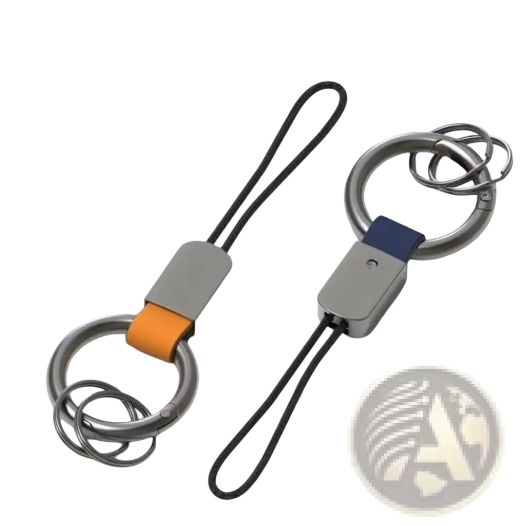 Two minimalist leather carabiner keychains in orange and blue with metallic rings and black cord loops multifunctional key holders