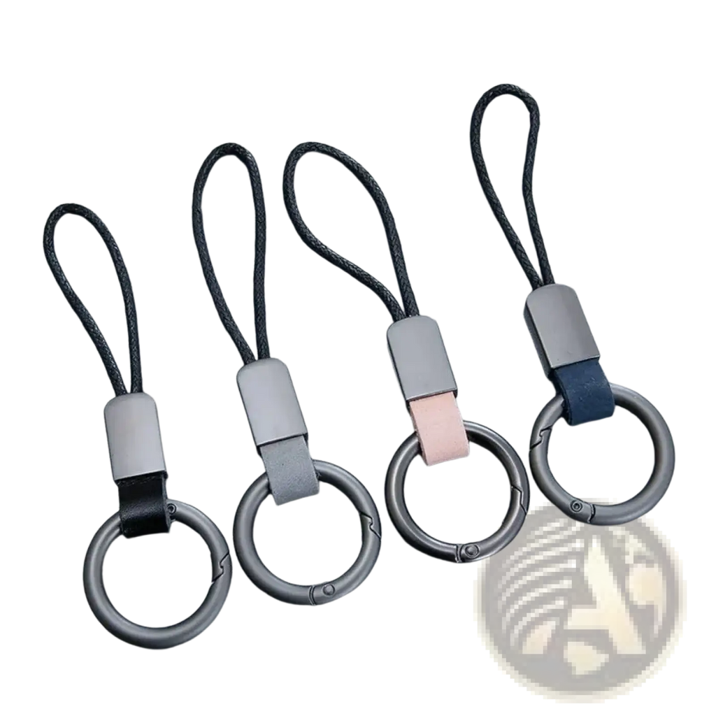 Leather carabinieri keychain with black braided leather, matte gray metal rings, rectangular connectors and subtle color accents