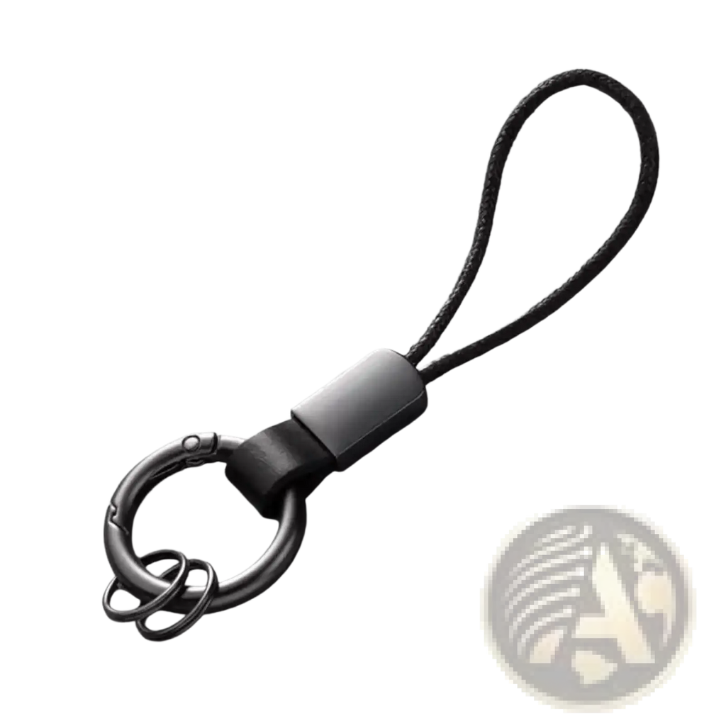 Black leather carabinieri keychain with black cord, matte metal ring, and sleek rectangular connector for business use