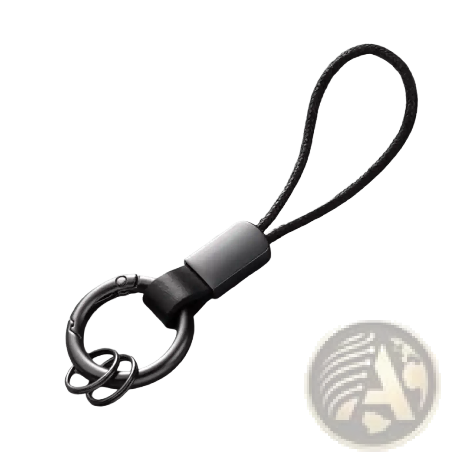 Black leather carabinieri keychain with black cord, matte metal ring, and sleek rectangular connector for business use