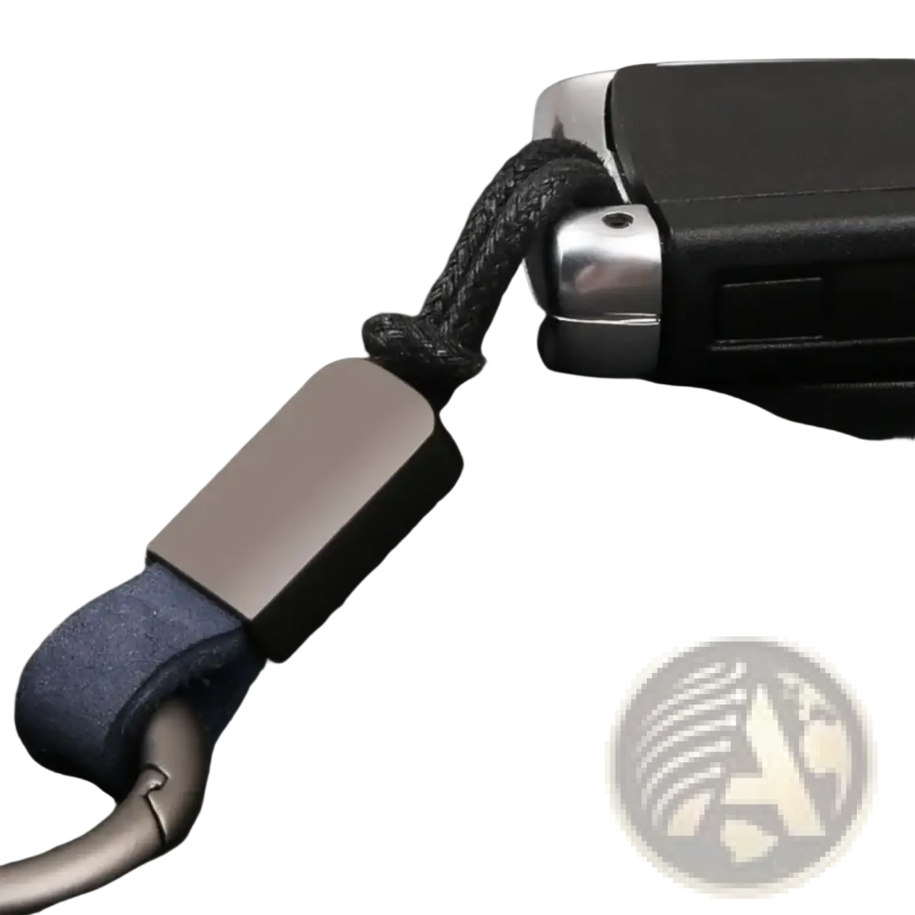 Dark gray metal leather Carabinieri keychain with blue leather strap and black braided cord for anti-lost use