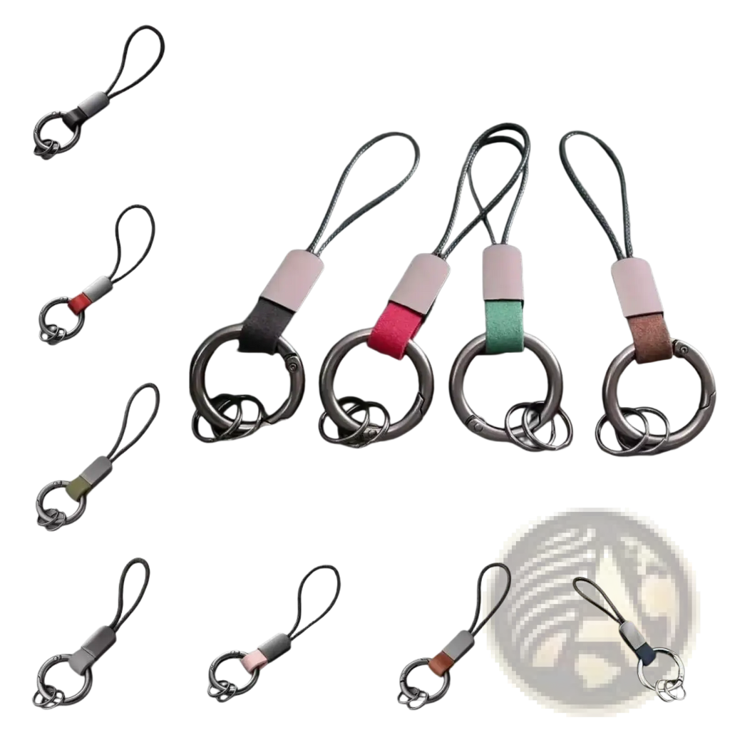 Leather carabinieri keychain with silver carabiner clip black cord and rectangular leather strap in multiple colors
