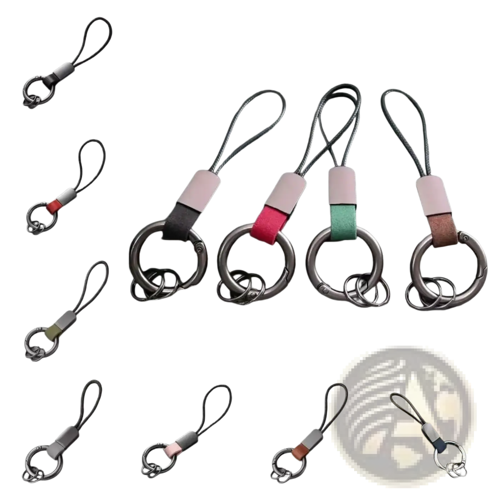 Leather carabinieri keychain with silver carabiner clip black cord and rectangular leather strap in multiple colors