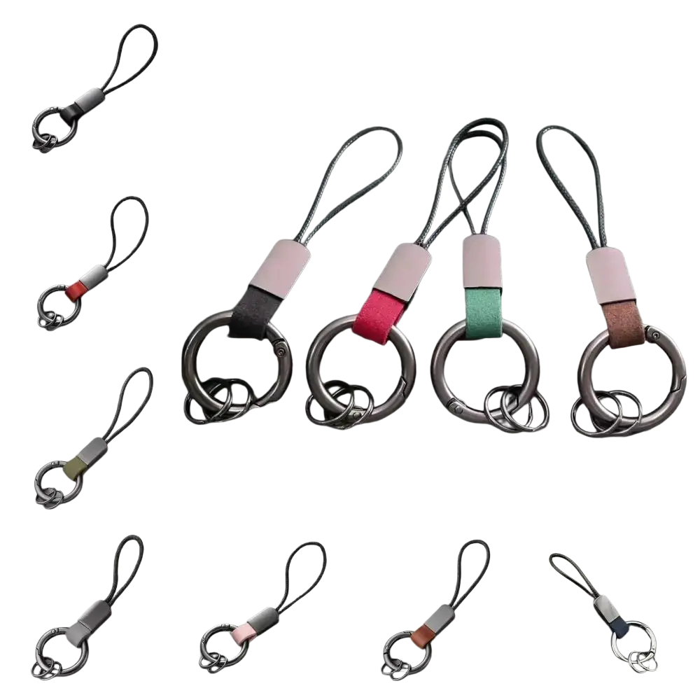 Leather carabinieri keychain with silver carabiner clip black cord and rectangular leather strap in multiple colors