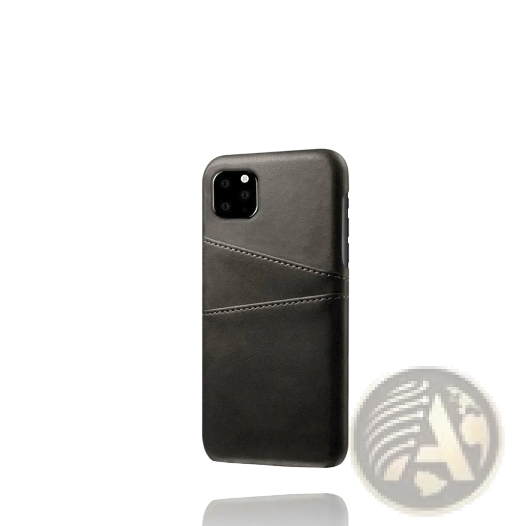 Black leather card holder iphone case showing back side with stitched card slots for convenient storage