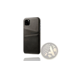Black leather card holder iphone case showing back side with stitched card slots for convenient storage