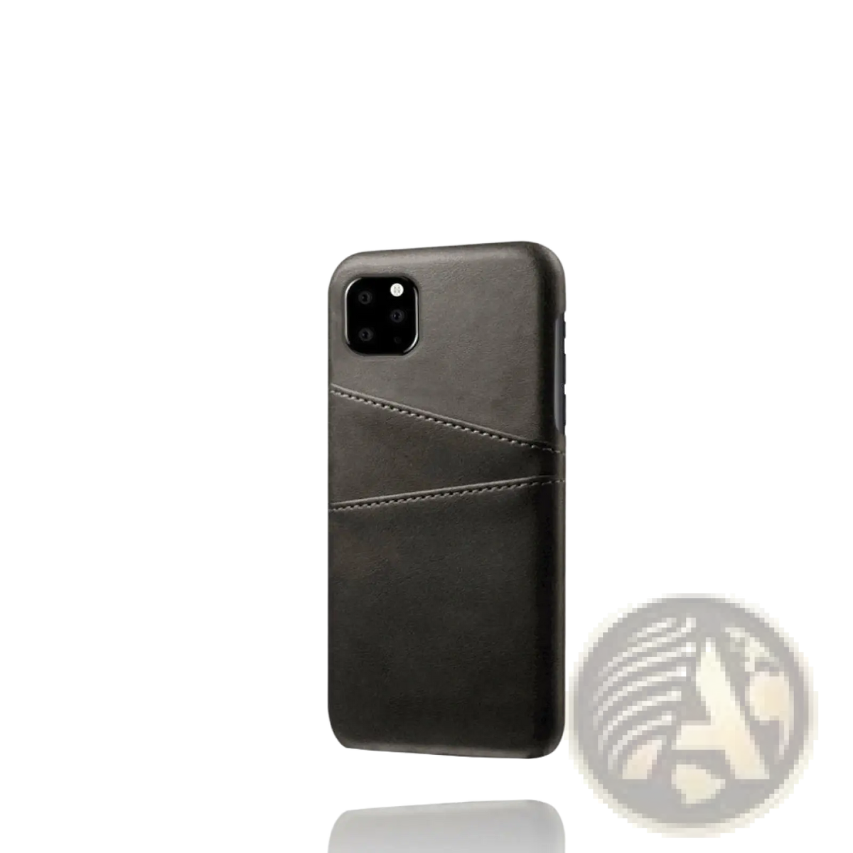 Black leather card holder iphone case showing back side with stitched card slots for convenient storage