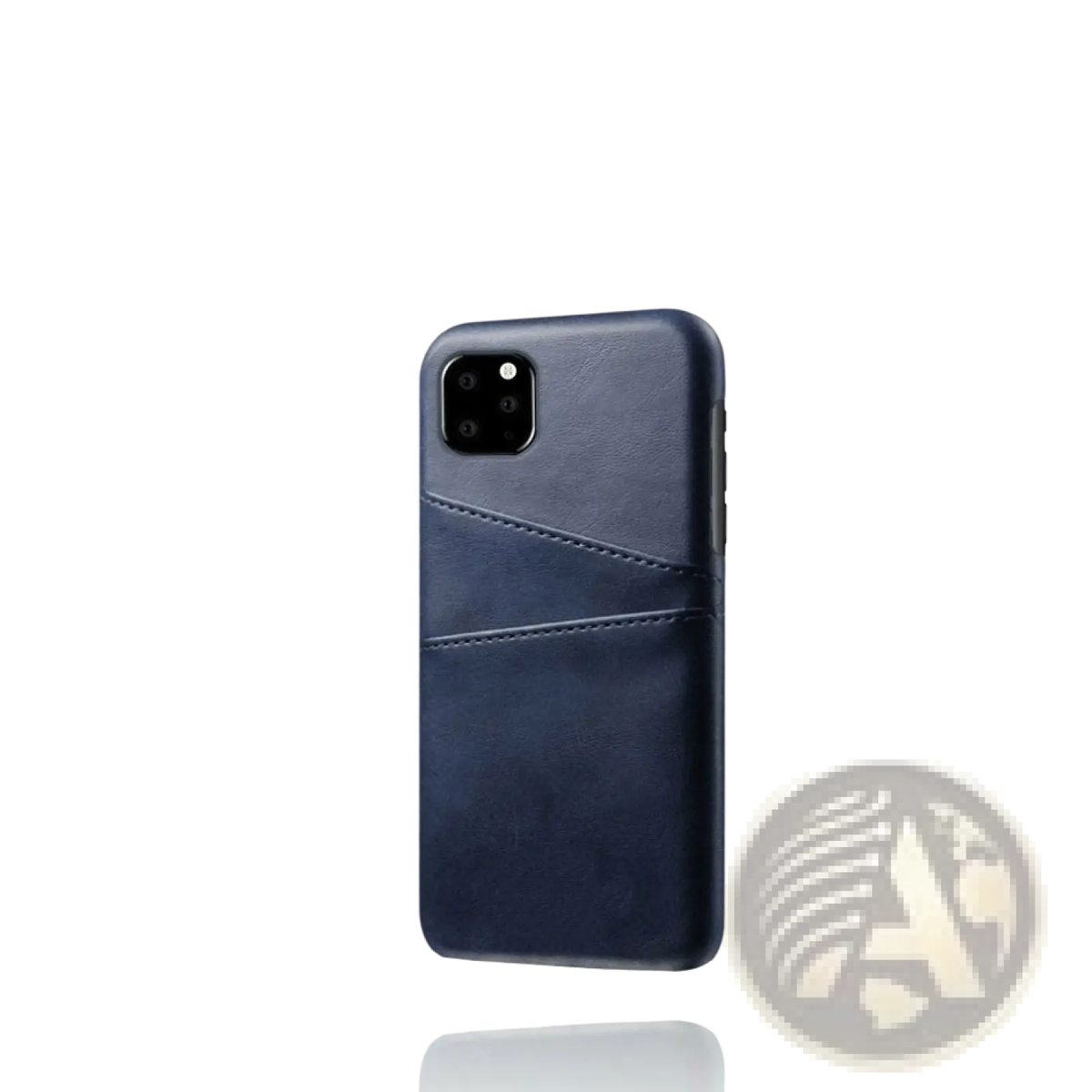 Dark blue leather card holder iPhone case showing back side with card slots designed for convenient storage