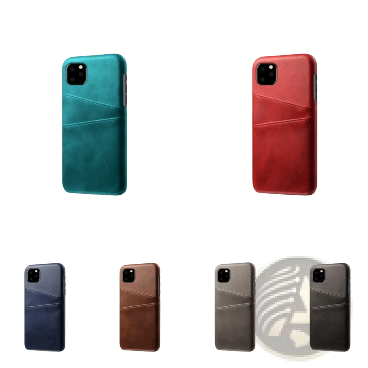 A sleek leather card holder iPhone case with built-in slot in teal red navy blue brown gray and black shown from back side