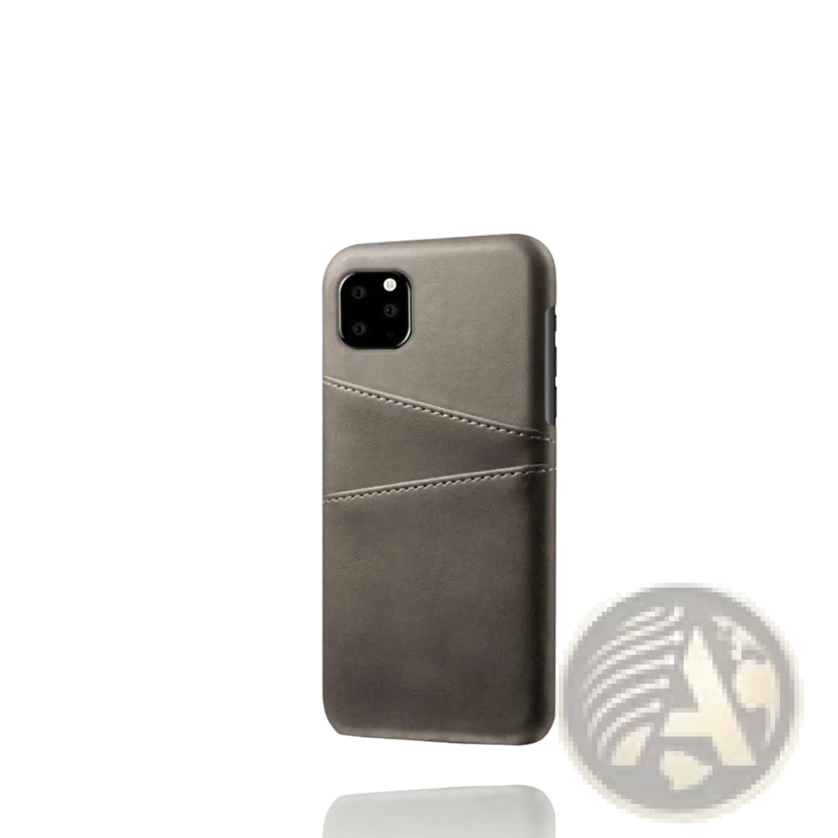 A sleek matte gray leather card holder iphone case showing the back side with a subtle stitched card slot design