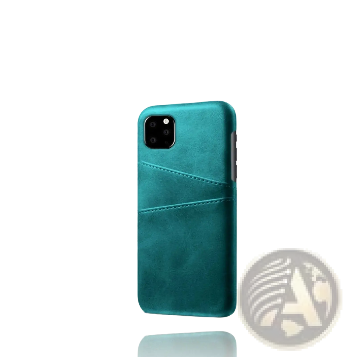 Teal suede textured leather card holder iphone case shown from the back with a convenient card slot