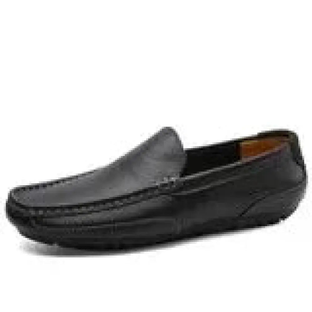 Black leather men’s soft slip-on loafer with stitched detailing and padded collar for casual wear
