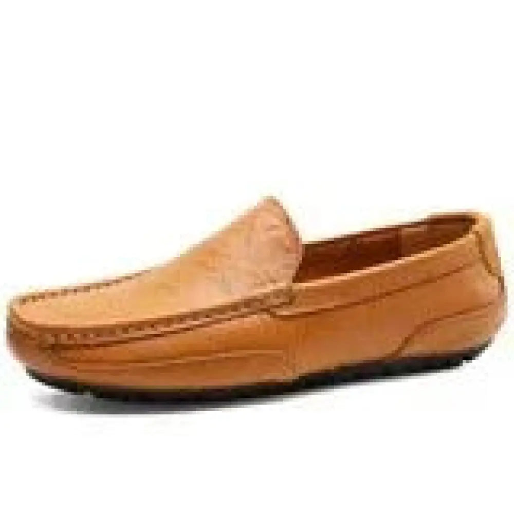 Men’s tan leather slip-on loafer with soft stitched design and black rubber sole for casual wear