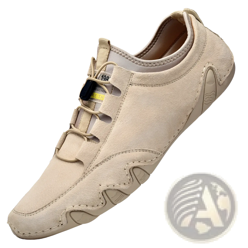 Beige suede leather casual slip-on shoe with minimalist design and subtle stitching details with wavy sole sneakers