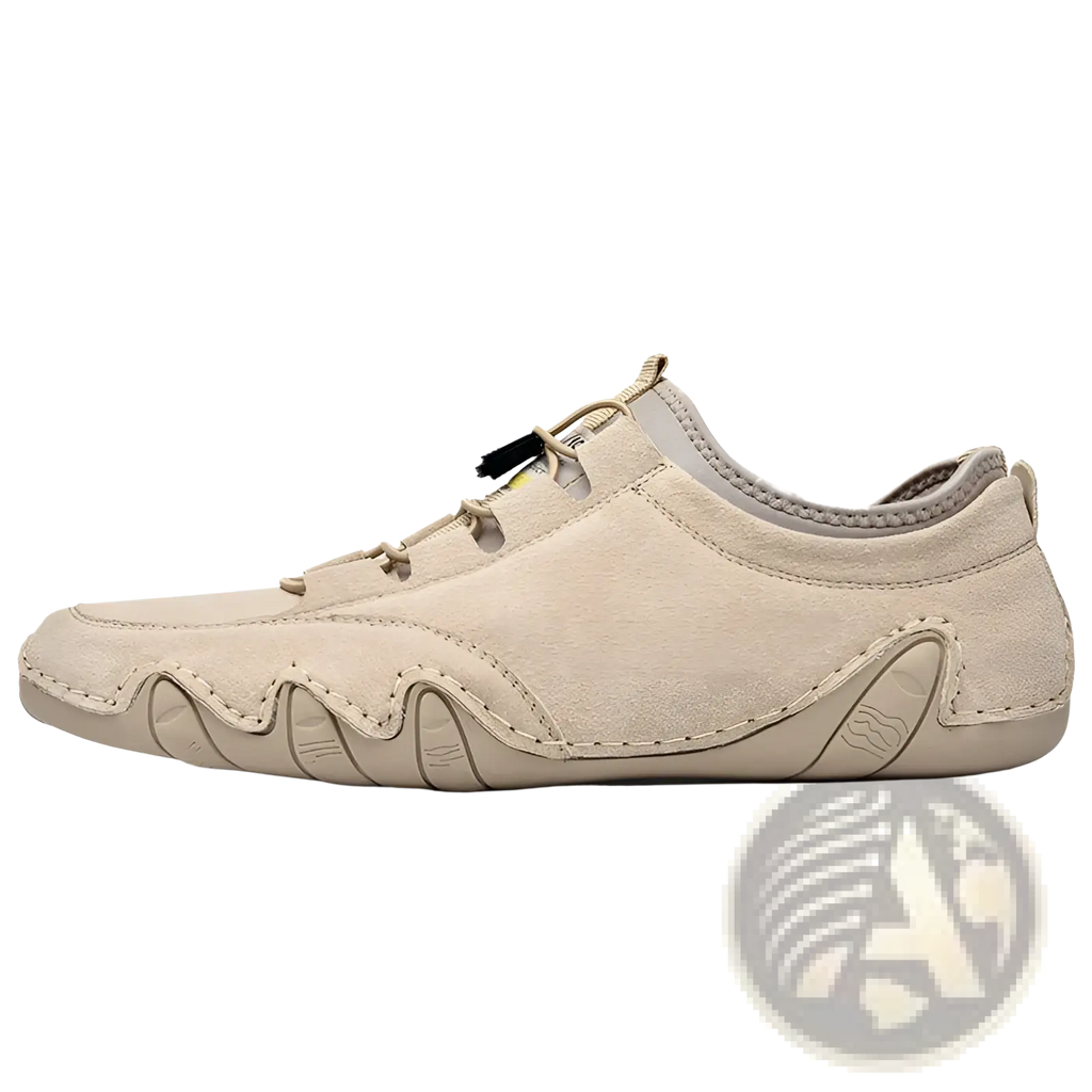 Beige suede leather casual slip-on shoe with wavy stitched design and matching laces for everyday wear