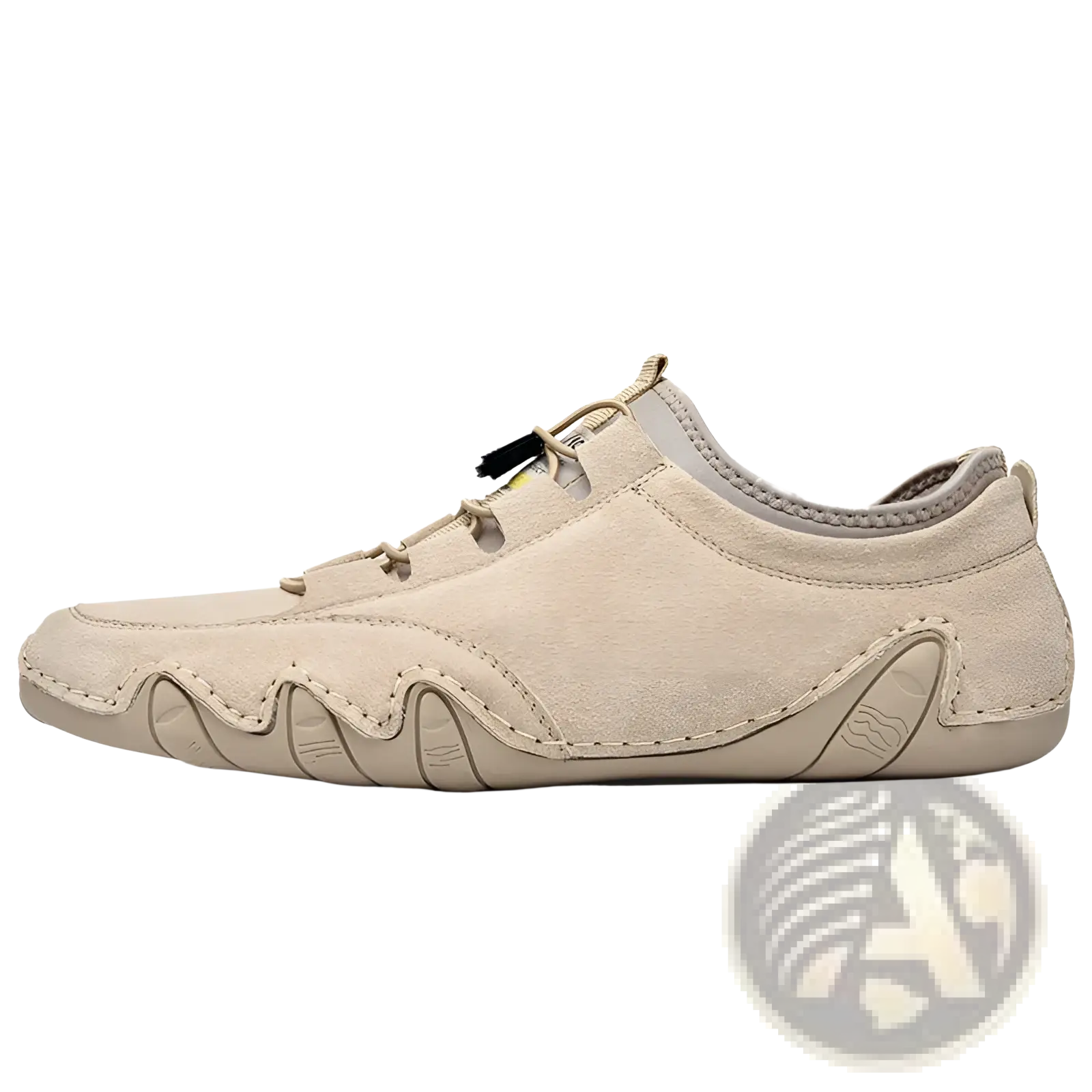 Beige suede leather casual slip-on shoe with wavy stitched design and matching laces for everyday wear