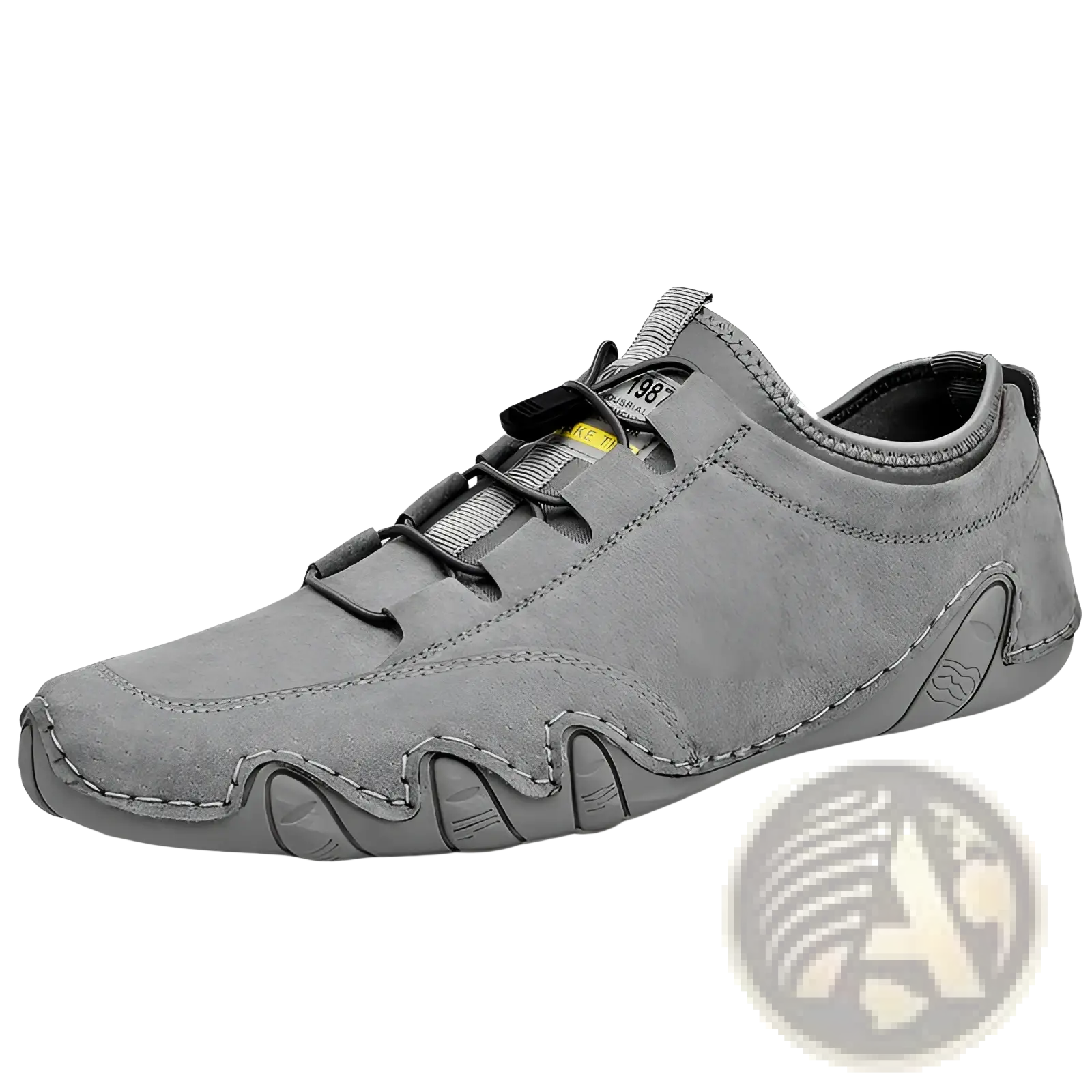 Gray leather casual shoes featuring suede slip-on design with black laces and distinctive wavy sole sneakers