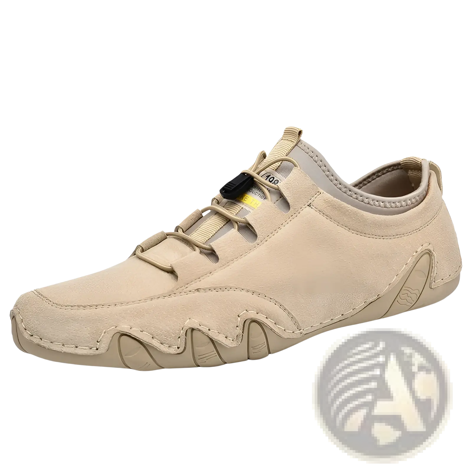 Beige leather casual suede slip on shoe with matching laces and textured wavy sole for everyday wear