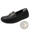 Black leather chain loafers with a gold-toned buckle low heel flats for stylish and comfortable wear