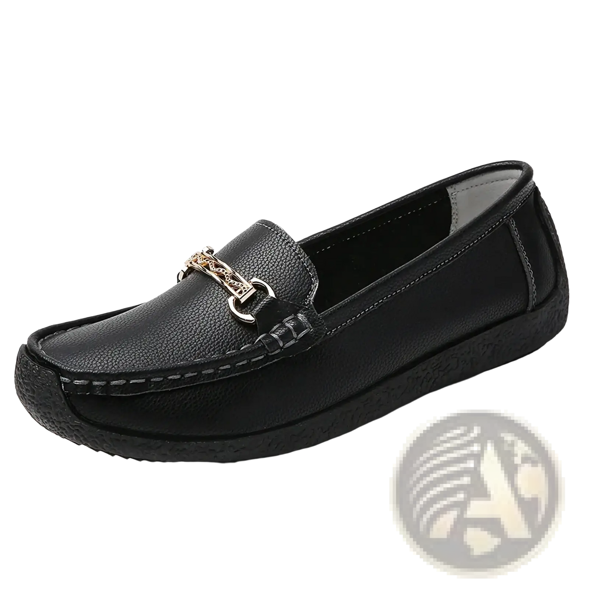 Black leather chain loafers with a gold-toned buckle low heel flats for stylish and comfortable wear