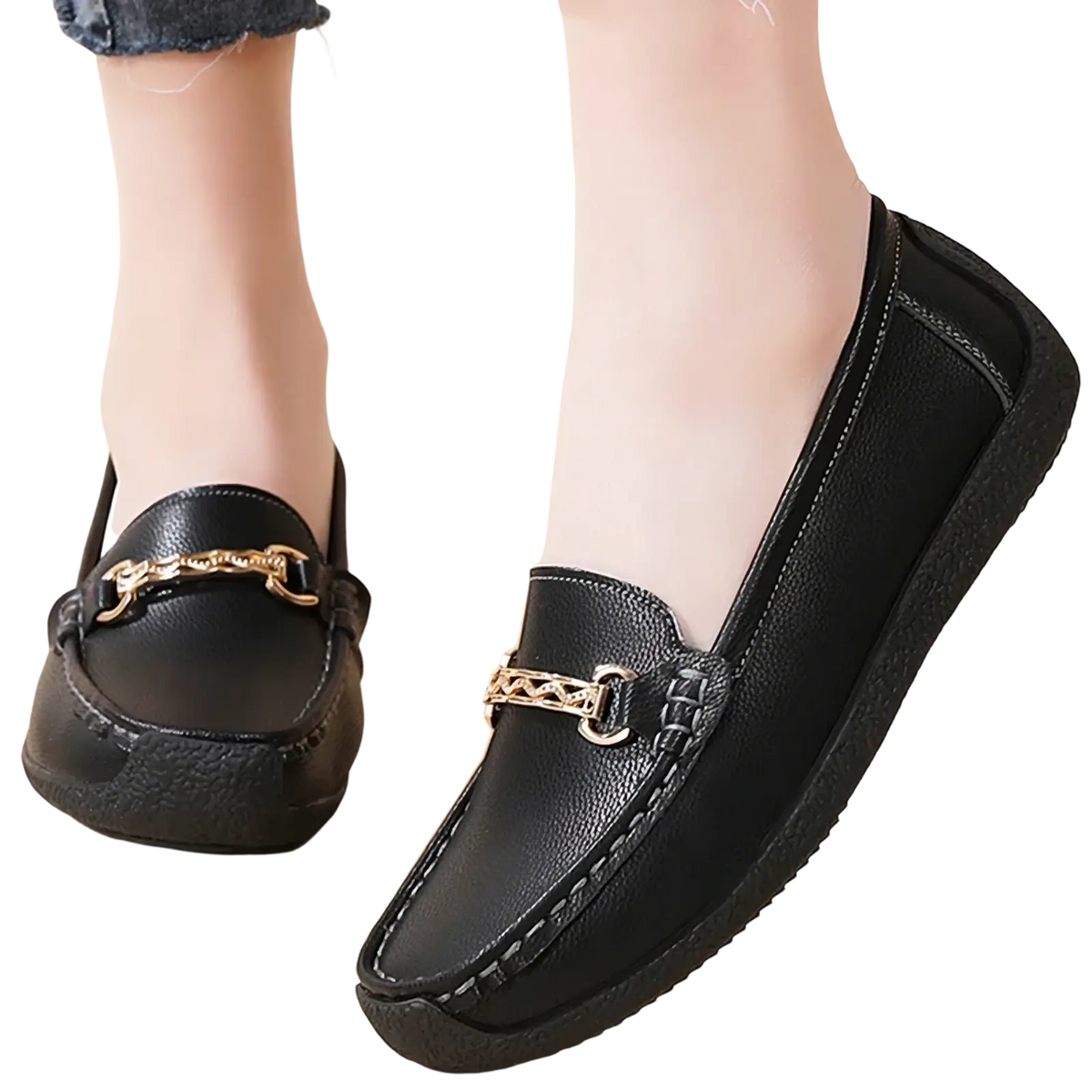 Black leather leather chain loafers low heel flats featuring a gold chain-link buckle detail on the front