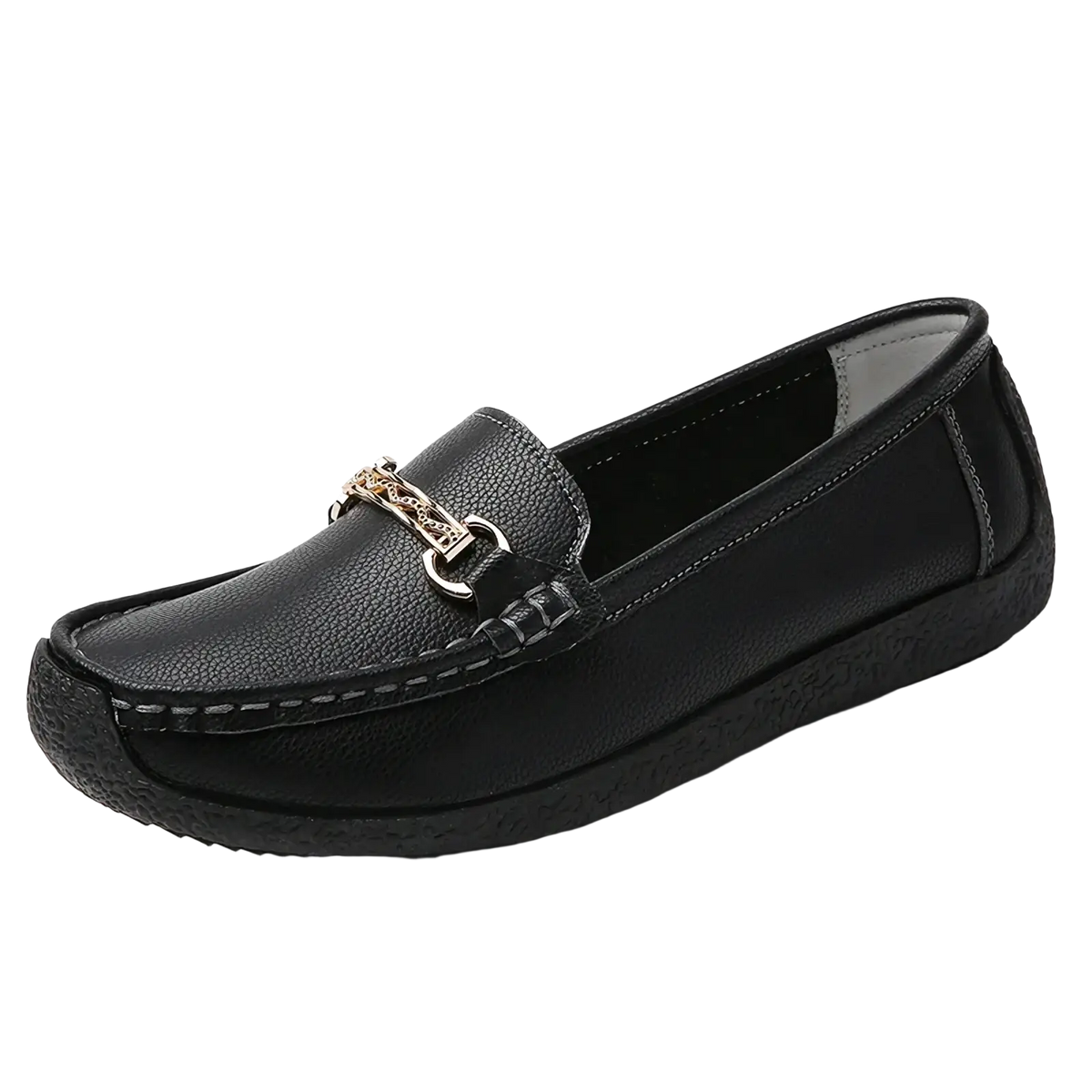 Black leather chain loafers with a gold-toned buckle low heel flats for stylish and comfortable wear