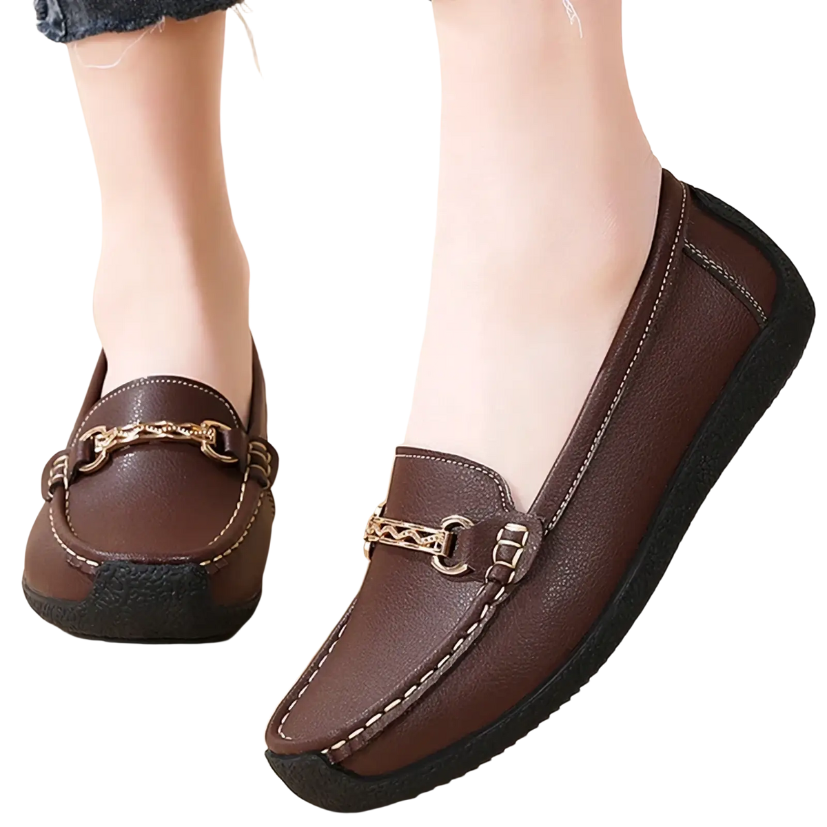 Brown leather chain loafers with gold-tone buckle and black rubber soles low heel flats for casual wear