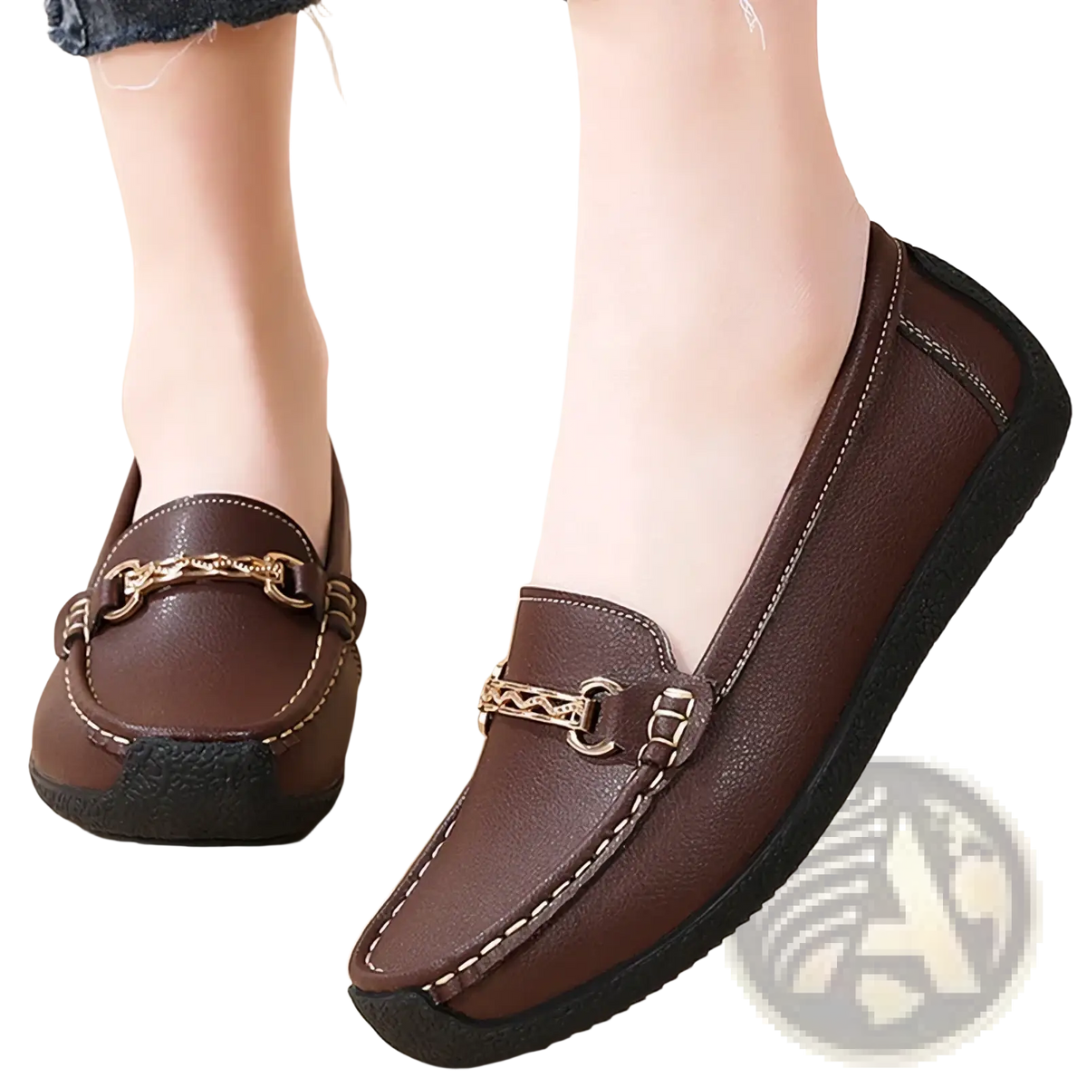 Brown leather chain loafers with gold-tone buckle and black rubber soles low heel flats for casual wear