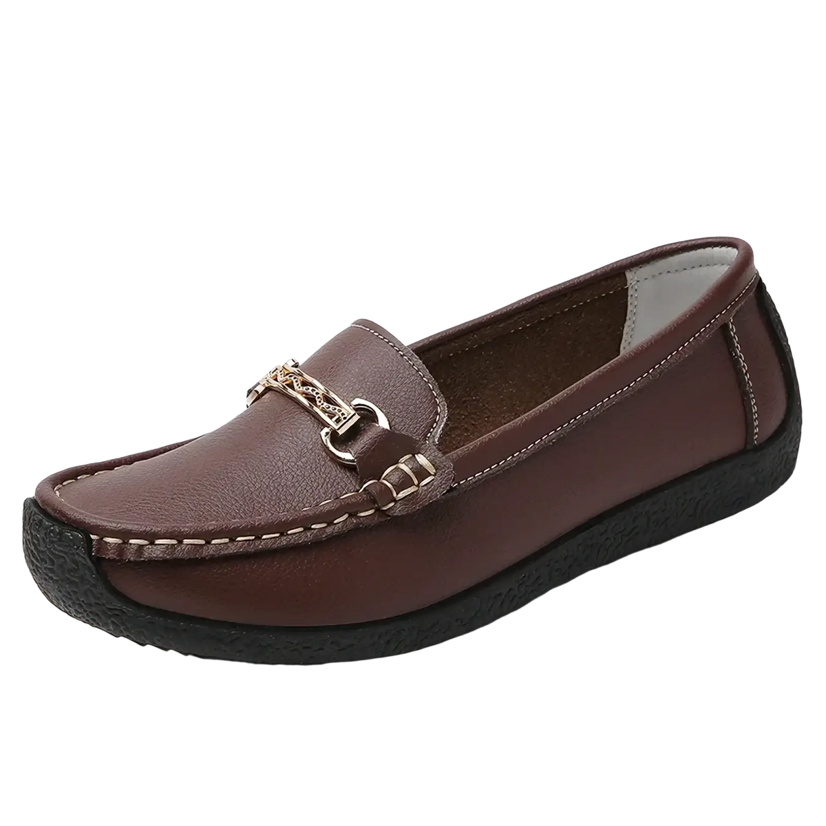Brown leather chain loafers with gold-toned buckle and black rubber sole low heel flats for casual wear